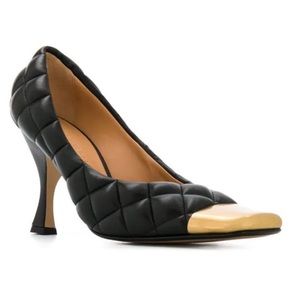 Bottega Veneta Steel Toe Cap Gold Black Quilted Heels